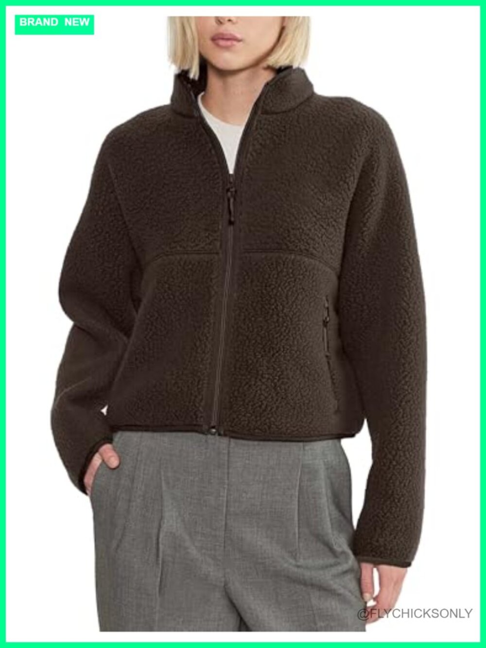 Sherpa Fleece Full Zip Jacket Stand Collar Zipper Pockets Cozy Winter Coat